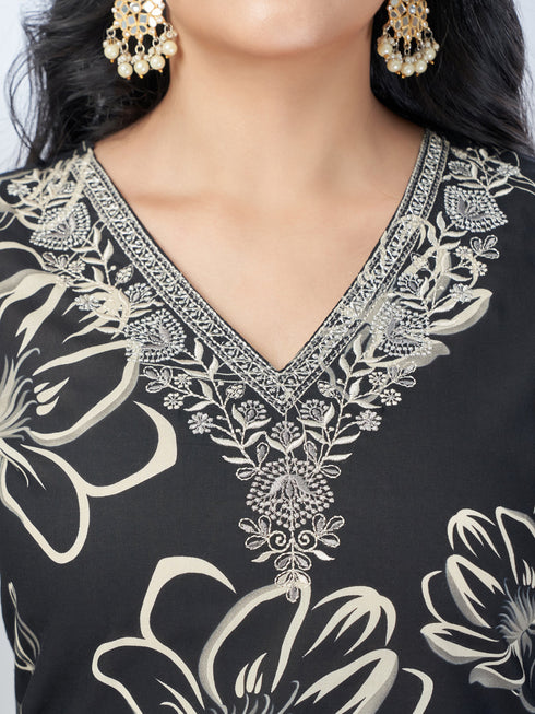 Amchoor Black Cotton Floral Kurta Sets For Womens
