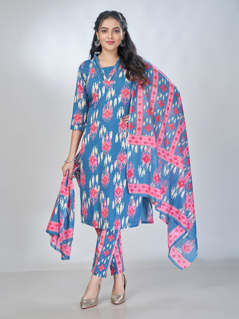 Amchoor Blue Cotton Abstract Kurta Sets For Womens