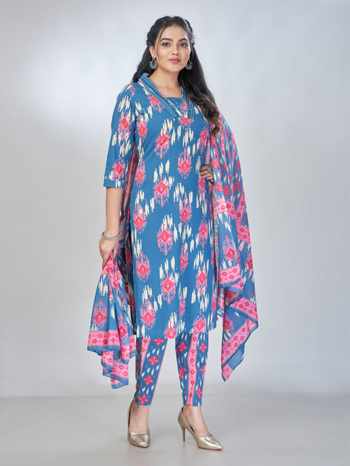 Amchoor Blue Cotton Abstract Kurta Sets For Womens