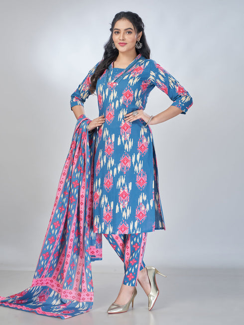 Amchoor Blue Cotton Abstract Kurta Sets For Womens