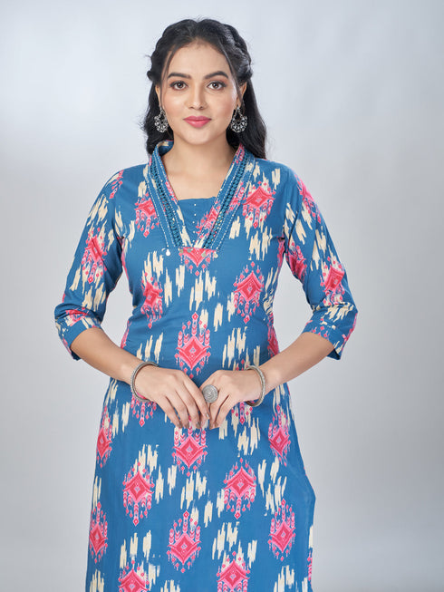 Amchoor Blue Cotton Abstract Kurta Sets For Womens