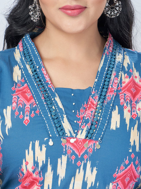 Amchoor Blue Cotton Abstract Kurta Sets For Womens