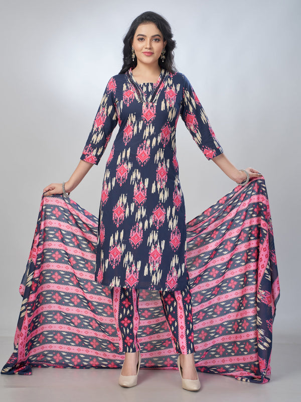 Amchoor Navy Cotton Abstract Kurta Sets For Womens