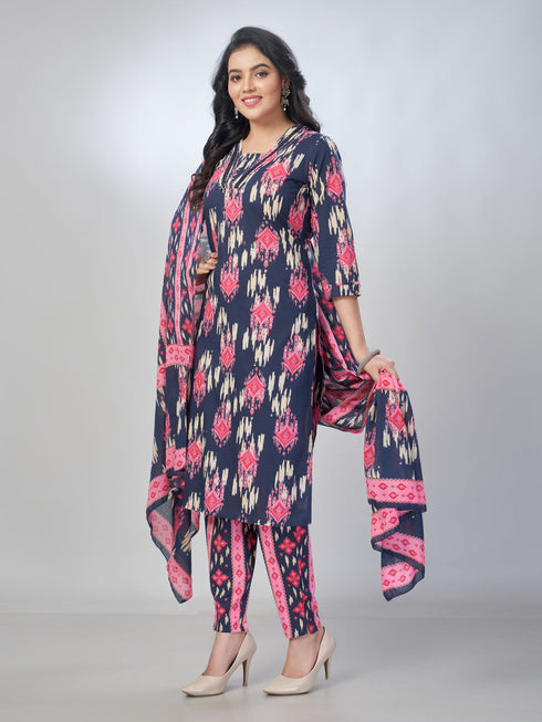 Amchoor Navy Cotton Abstract Kurta Sets For Womens