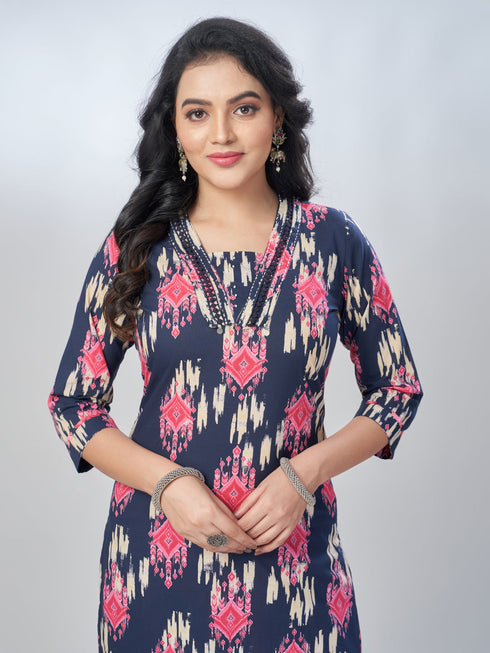 Amchoor Navy Cotton Abstract Kurta Sets For Womens