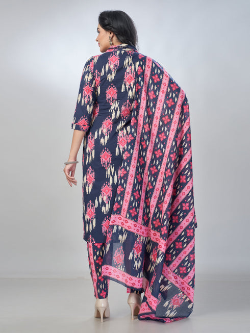 Amchoor Navy Cotton Abstract Kurta Sets For Womens