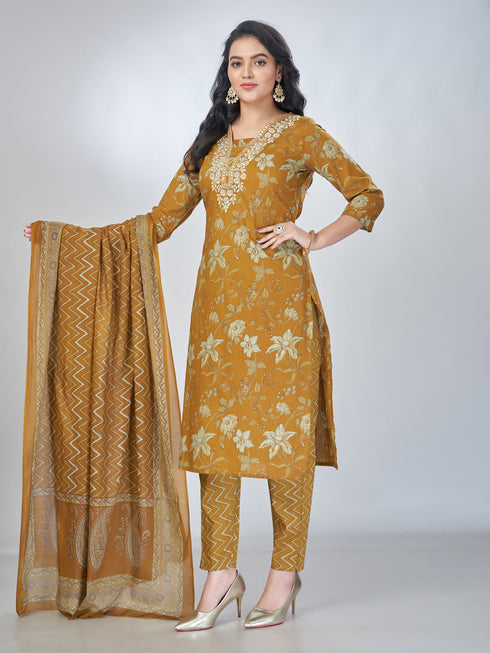 Amchoor Mustard Cotton Floral Kurta Sets For Womens