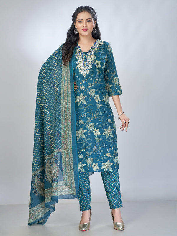 Amchoor Teal Cotton Floral Kurta Sets For Womens