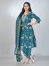 Amchoor Teal Cotton Floral Kurta Sets For Womens