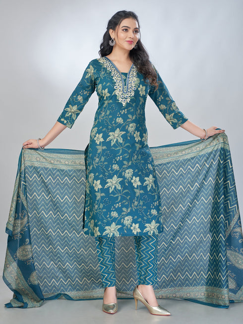 Amchoor Teal Cotton Floral Kurta Sets For Womens