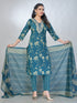 Amchoor Teal Cotton Floral Kurta Sets For Womens