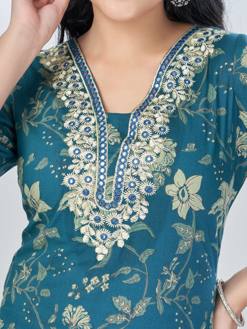Amchoor Teal Cotton Floral Kurta Sets For Womens