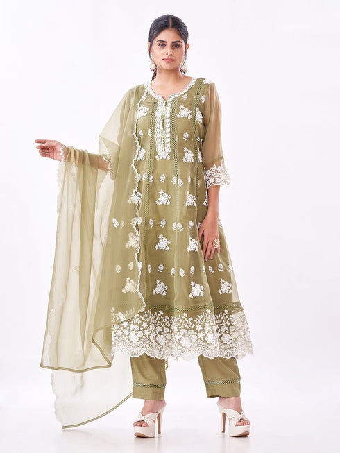 Amchoor Green Polyester Embroidered Kurti Set for Womens