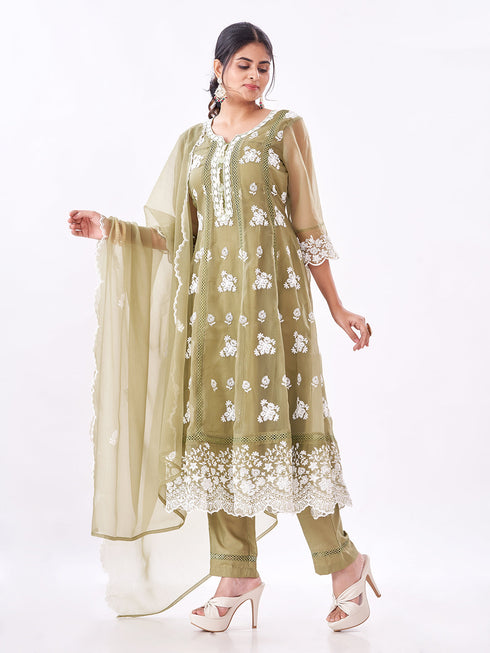 Amchoor Green Polyester Embroidered Kurti Set for Womens