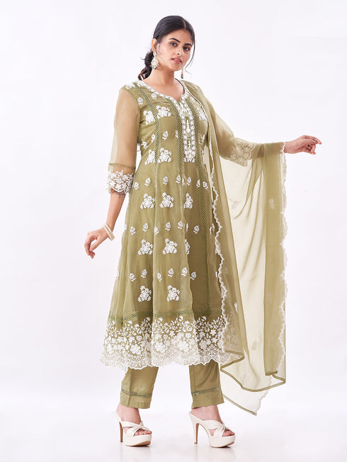 Amchoor Green Polyester Embroidered Kurti Set for Womens