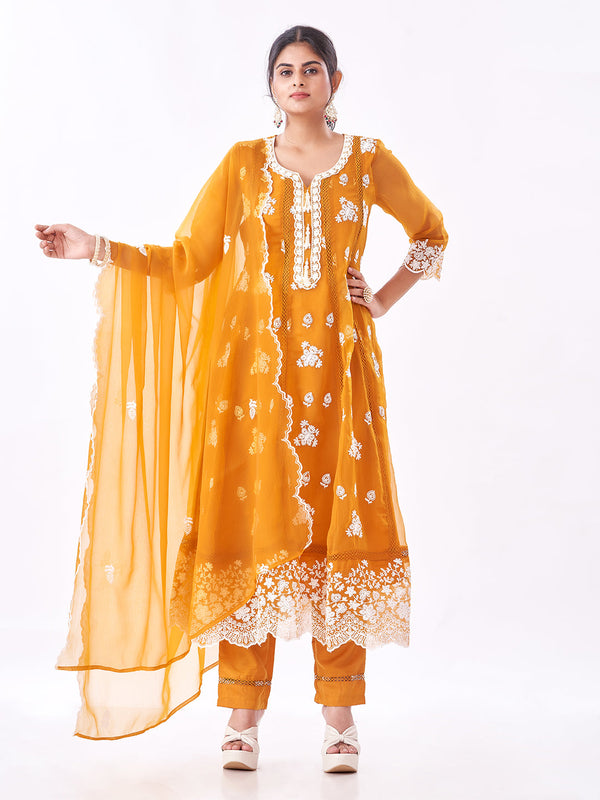 Amchoor Mustard Polyester Embroidered Kurti Set for Womens