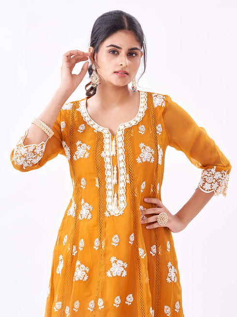 Amchoor Mustard Polyester Embroidered Kurti Set for Womens