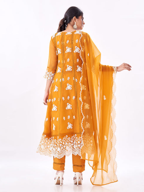 Amchoor Mustard Polyester Embroidered Kurti Set for Womens