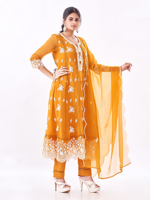 Amchoor Mustard Polyester Embroidered Kurti Set for Womens