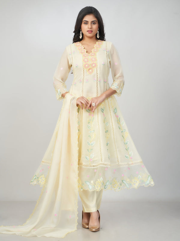 Amchoor Cream Polyester Embroidered Kurti Set for Womens