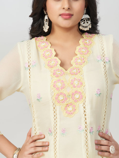 Amchoor Cream Polyester Embroidered Kurti Set for Womens