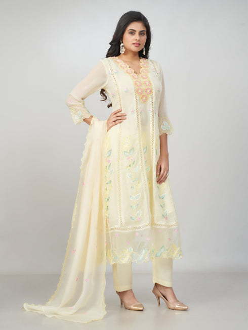 Amchoor Cream Polyester Embroidered Kurti Set for Womens