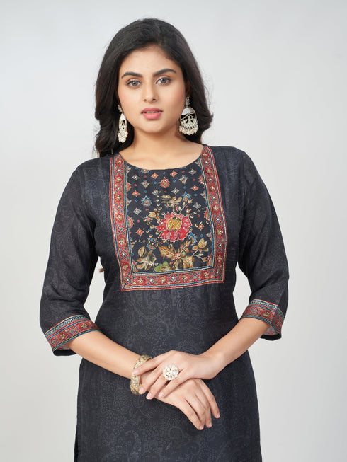 Amchoor Black Dola Silk Digital Prints Kurti Set for Womens