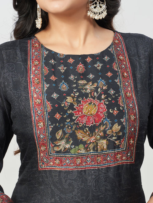 Amchoor Black Dola Silk Digital Prints Kurti Set for Womens