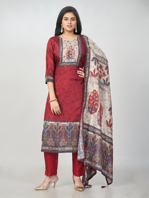 Amchoor Maroon Dola Silk Digital Prints Kurti Set for Womens