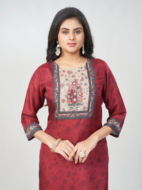 Amchoor Maroon Dola Silk Digital Prints Kurti Set for Womens