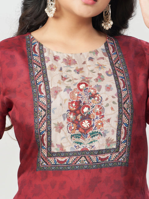 Amchoor Maroon Dola Silk Digital Prints Kurti Set for Womens