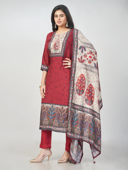 Amchoor Maroon Dola Silk Digital Prints Kurti Set for Womens