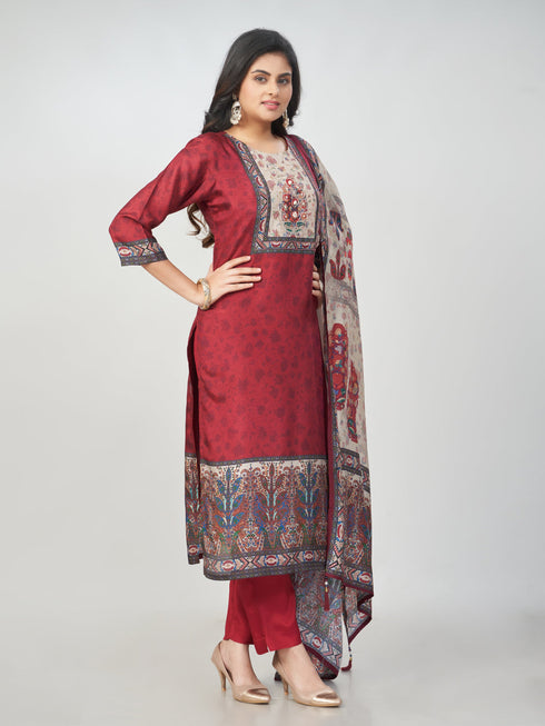 Amchoor Maroon Dola Silk Digital Prints Kurti Set for Womens