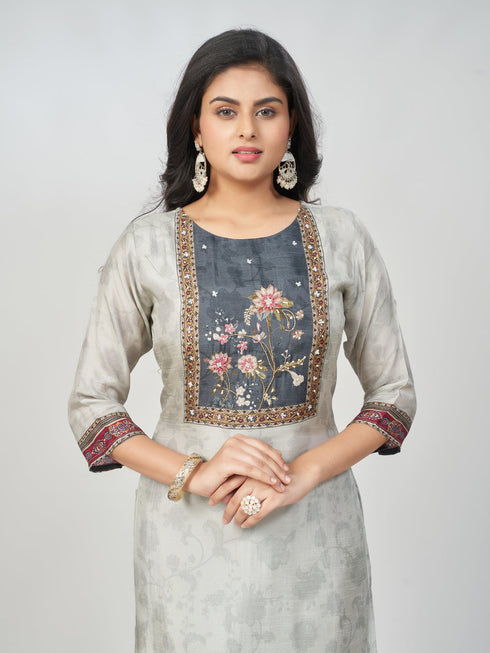Amchoor Grey Dola Silk Digital Prints Kurti Set for Womens
