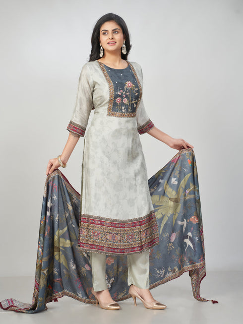 Amchoor Grey Dola Silk Digital Prints Kurti Set for Womens