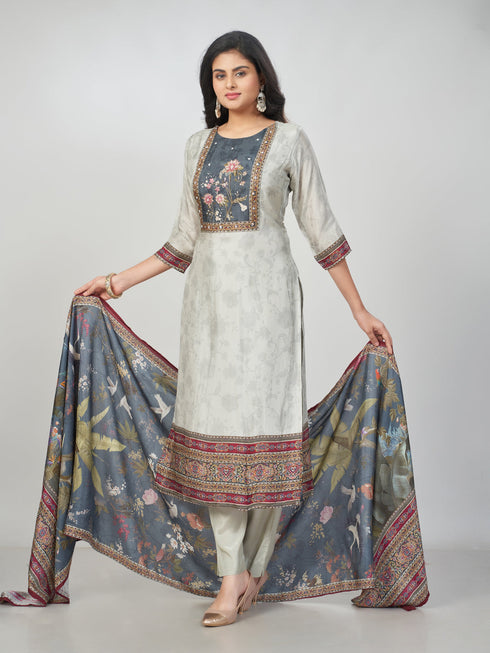 Amchoor Grey Dola Silk Digital Prints Kurti Set for Womens