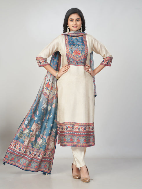 Amchoor Cream Dola Silk Digital Prints Kurti Set for Womens