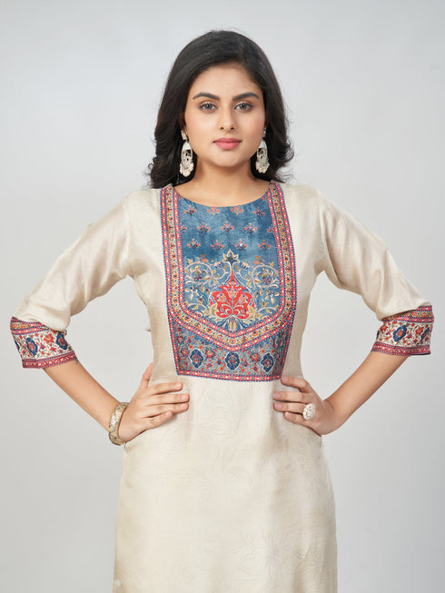 Amchoor Cream Dola Silk Digital Prints Kurti Set for Womens
