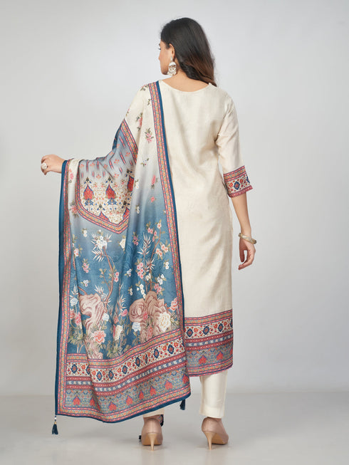 Amchoor Cream Dola Silk Digital Prints Kurti Set for Womens