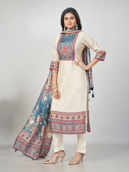 Amchoor Cream Dola Silk Digital Prints Kurti Set for Womens
