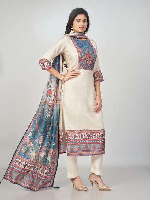 Amchoor Cream Dola Silk Digital Prints Kurti Set for Womens