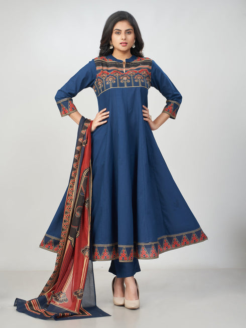 Amchoor Blue Cotton Solid Kurti Set for Womens