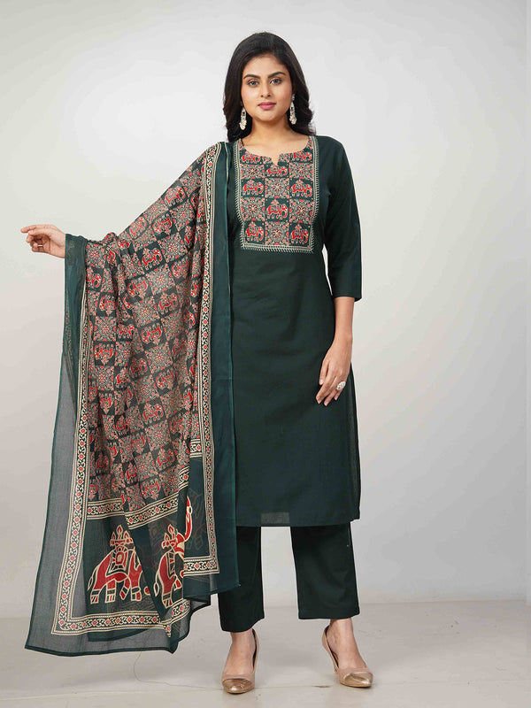 Amchoor Green Cotton Solid Kurti Set for Womens