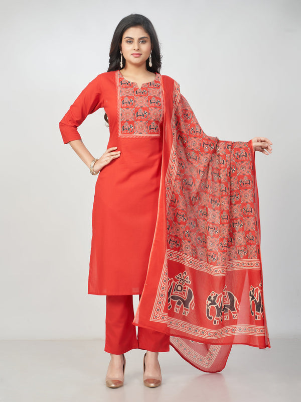 Amchoor Red Cotton Solid Kurti Set for Womens