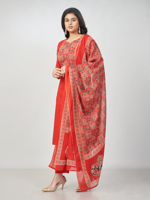 Amchoor Red Cotton Solid Kurti Set for Womens