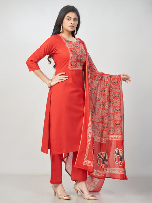 Amchoor Red Cotton Solid Kurti Set for Womens