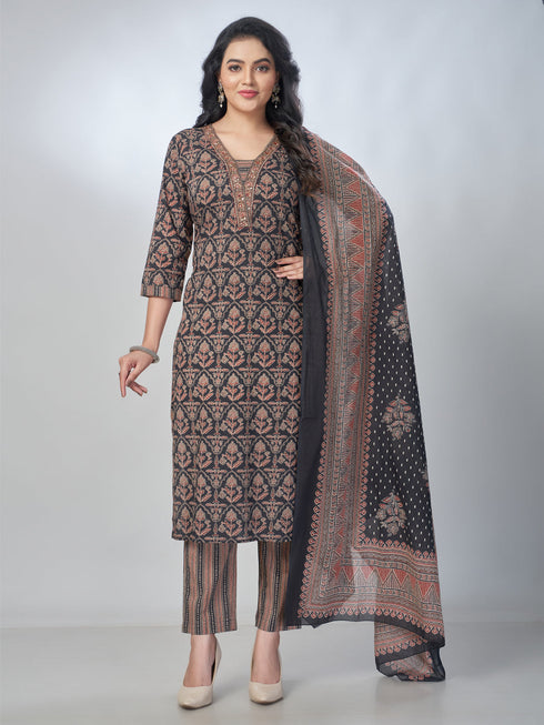 Amchoor Black Cotton Floral Kurta Sets For Womens
