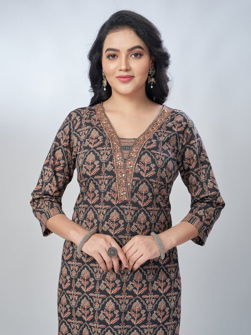 Amchoor Black Cotton Floral Kurta Sets For Womens