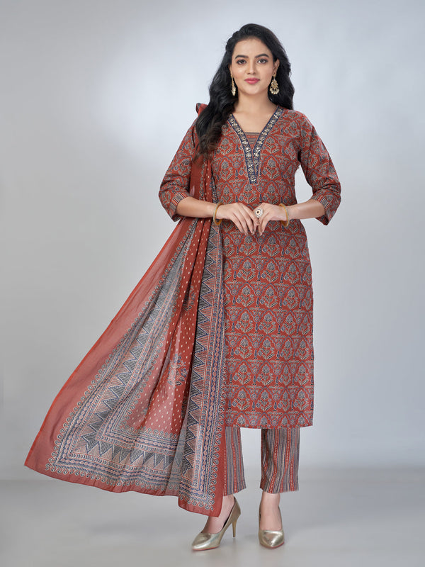 Amchoor Maroon Cotton Floral Kurta Sets For Womens