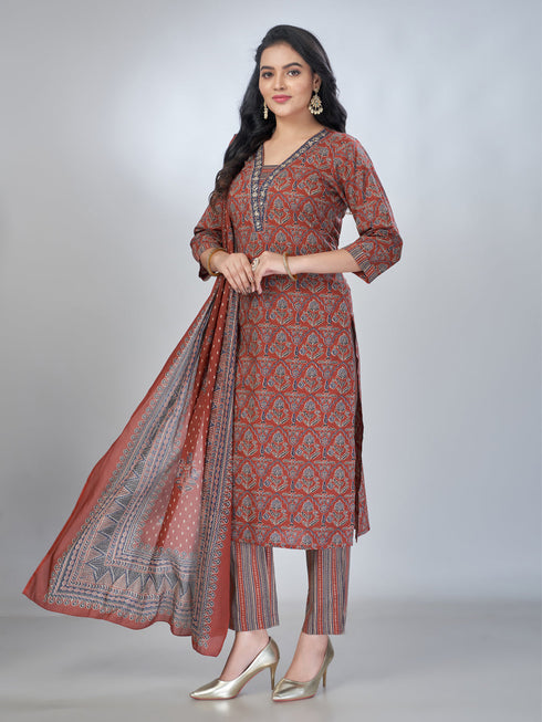 Amchoor Maroon Cotton Floral Kurta Sets For Womens